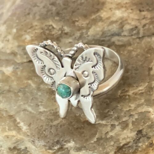 Navajo Blue Turquoise Butterfly Ring | Sterling Silver | Sz Adj 8 | Authentic Native American Handmade | 10340