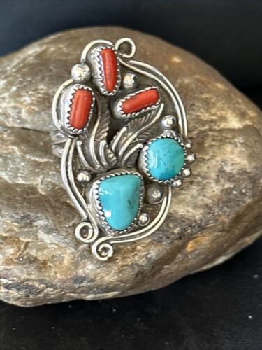 Navajo Blue Kingman Turquoise Coral Ring | Authentic Native American Sterling Silver | Multi-Stone | Sz 9.5 | 14499