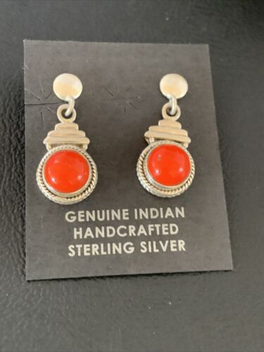 Native American Navajo Red Coral Dangle Earrings | Sterling Silver | 1" | 13113 - Masha USA