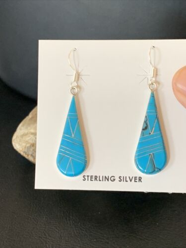 Navajo Blue Turquoise Inlay Dangle Drop Earrings | Sterling Silver | 1.5" | 12310