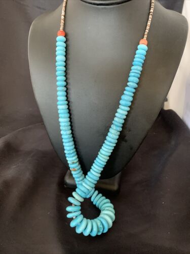 Navajo Pearls Bead Necklace with Blue Turquoise | Sterling Silver | 28" | Authentic Native American | 12537