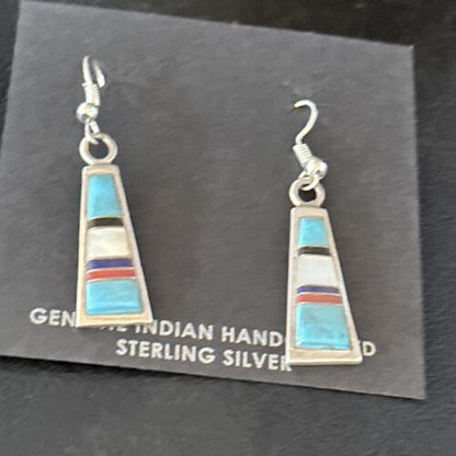 Navajo Multi-Color Turquoise Mother of Pearl Inlay Earrings | Sterling Silver | Authentic Native American Handmade | 14655