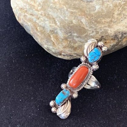 Navajo Kingman Turquoise & Coral Ring | Authentic Native American Sterling Silver | Multi-Stone | Sz 9 | 1294