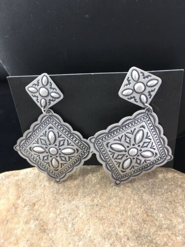 Native American Navajo Stamped Earrings Set | Sterling Silver | 2.75" | 1704