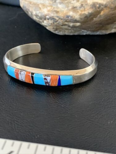 Navajo White Buffalo Turquoise Spiny Opal Inlay Bracelet | Sterling Silver | Authentic Native American Handmade | 12239 - Masha USA