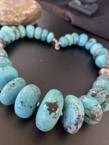 Navajo Blue Turquoise Necklace | Chunky Graduated Sterling Silver Pearls | Authentic Native American Handmade | 19" | 11350 - Masha USA