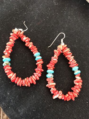 Navajo Sterling Silver Turquoise Spiny Oyster Earrings | 2" | Authentic Native American Handmade | 2038
