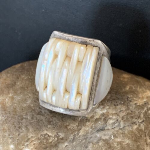 Native American White Mother of Pearl Navajo Inlay Ring | Sterling Silver | Sz 7.5 | 12864