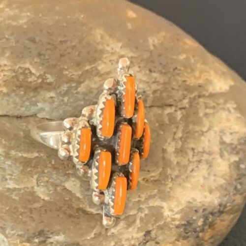 Navajo Orange Spiny Oyster Cluster Ring | Authentic Native American Sterling Silver | Multi-Stone | Sz 7.5 | 11927
