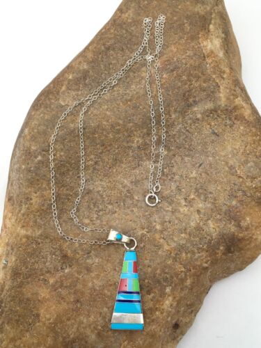 Navajo Turquoise & Coral Inlay Pendant | Sterling Silver Chain | Authentic Native American Handmade | 4437
