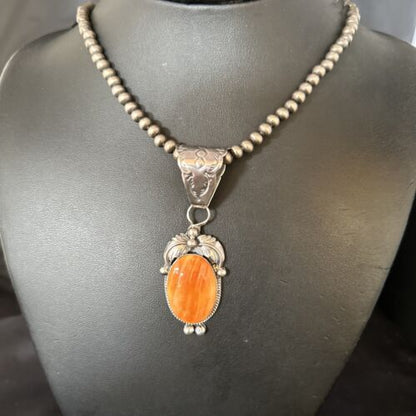 Navajo Orange Spiny Oyster Pendant Necklace | Sterling Silver | Authentic Native American Handmade | 14685
