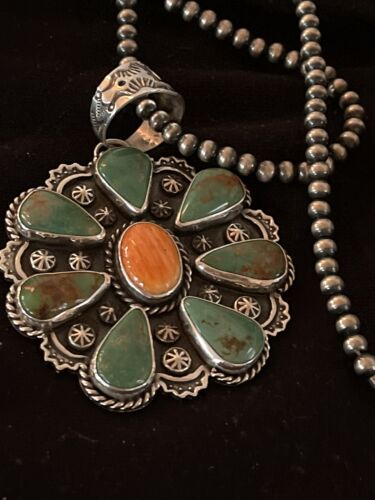 Navajo Spiny Oyster & Turquoise Cluster Pendant Necklace | Authentic Native American Sterling Silver | Multi-Stone | 01118