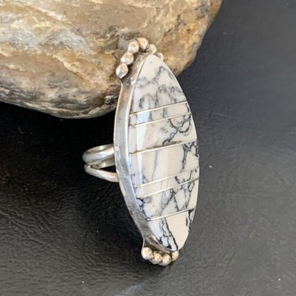 Navajo White Buffalo Turquoise Inlay Ring | Sterling Silver | Sz 6 | Authentic Native American Handmade | 12177