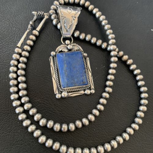 Navajo Denim Lapis Necklace with Pendant | Sterling Silver Pearls | Authentic Native American Handmade | 12438