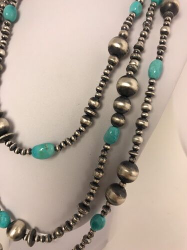 Navajo Pearls Sleeping Beauty Turquoise Necklace | 70" Single Strand | Sterling Silver | Southwestern | 8051