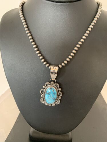 Navajo Sterling Silver Necklace with Spiderweb Kingman Turquoise Pendant | Authentic Native American Handmade | 00689