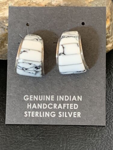 Navajo White Buffalo Turquoise Inlay Earrings | Sterling Silver | 0.50" | Authentic Native American Handmade | 12997