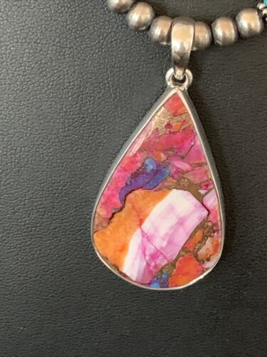 Navajo Pearls Necklace with Turquoise & Purple Spiny Oyster Pendant | Sterling Silver | 13293