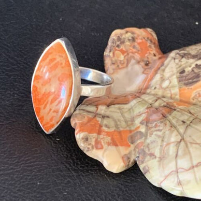 Native American Women's Apple Coral Sponge Ring | Sterling Silver | Sz 8 | 14047