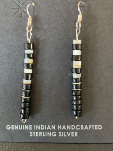 Navajo Black Onyx White Mother of Pearl Earrings | Sterling Silver | 1.5" | Authentic Native American Handmade | 13056