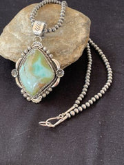 Men's Navajo Pearls Necklace with Royston Turquoise Pendant | Sterling Silver | Native American Handmade | 522