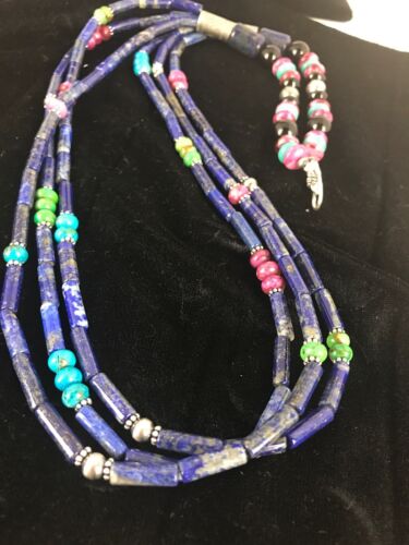 Navajo Denim Lapis Multi Strand Necklace | Sterling Silver | 22" | Authentic Native American Handmade | 3342 - Masha USA