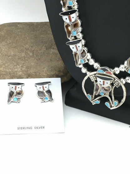 Zuni Owl Inlay Turquoise Squash Blossom Necklace Set | Sterling Silver | Native American Handmade | 1310