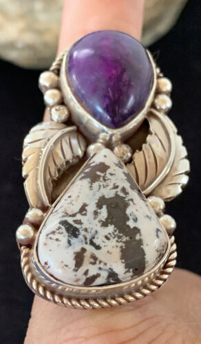 Navajo White Buffalo Turquoise & Sugilite Ring | Authentic Native American Sterling Silver | Multi-Stone | Sz 9.5 | 00310