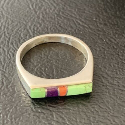 Southwestern Navajo Green Gaspeite Sugilite Red Coral Inlay Ring | Sz 7 | 02252