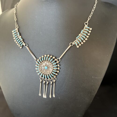 Zuni Kingman Turquoise Needle Point Necklace Pendant Set | Sterling Silver | Authentic Native American Handmade | 14535