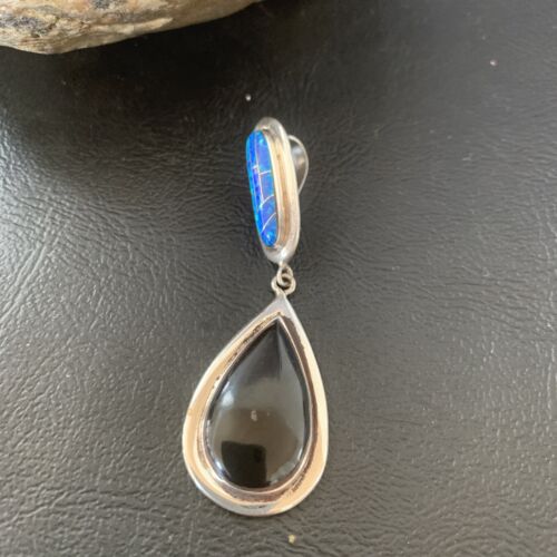 Navajo Black Onyx Blue Opal Inlay Pendant | Sterling Silver | Authentic Native American Handmade | 12885