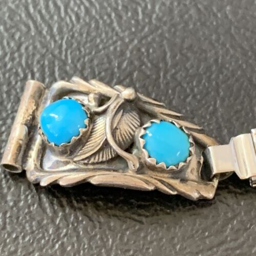 Navajo Sterling Silver Watch Tips | Old Pawn Blue Turquoise Band | Authentic Native American Jewelry | 1638