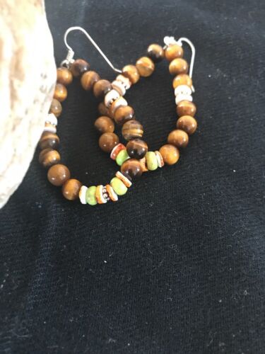 Navajo Sterling Silver Tigers Eye Spiny Oyster Turquoise Earrings | Southwestern Dangle | Handcrafted Native American - Masha USA