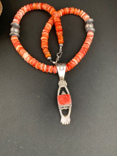 Navajo Red Spiny Oyster Pendant Necklace | Sterling Silver | Authentic Native American Handmade | 4782