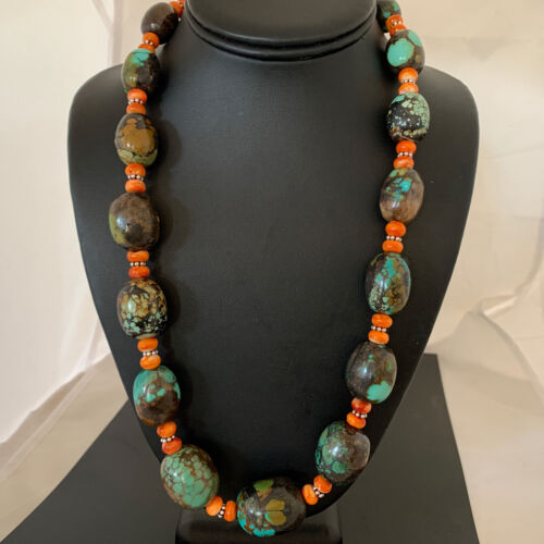 Navajo Green Turquoise & Orange Spiny Oyster Necklace | Sterling Silver | 23" | 1845