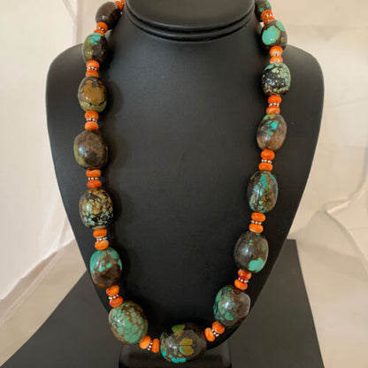 Navajo Green Turquoise & Orange Spiny Oyster Necklace | Sterling Silver | 23" | 1845
