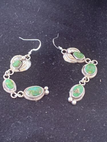 Navajo Sterling Silver Dangle Earrings | Green & Sonoran Gold Turquoise | Authentic Native American Handmade | 1213
