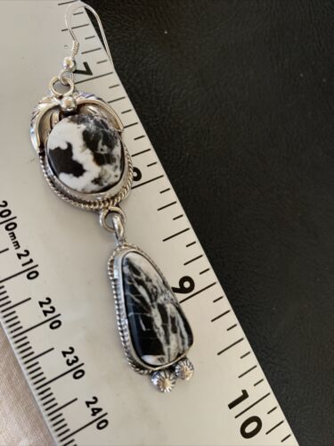 White Buffalo Turquoise Dangle Earrings | Sterling Silver | 2.5" | Authentic Native American Handmade | 12156