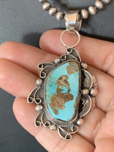 Men's Navajo Blue Dry Creek Turquoise Pendant | Sterling Silver | Pearl Necklace | Native American | 12973