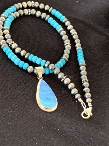 Navajo Blue Turquoise Necklace with Opal Pendant | Sterling Silver | Authentic Native American Handmade | 566