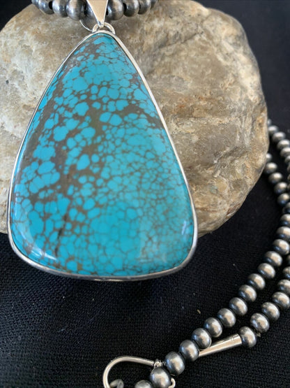 Navajo Pearls Sterling Silver Blue Spiderweb Turquoise Necklace Pendant | Men's Southwestern | 00918