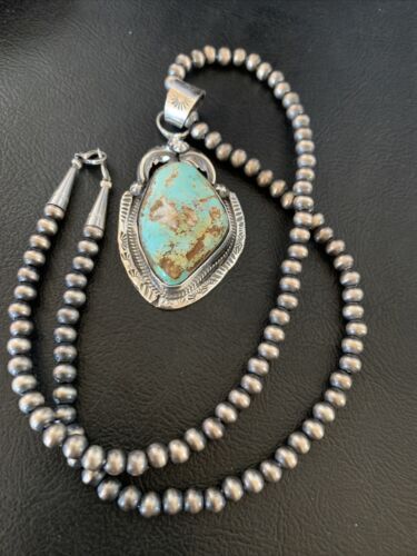 Men's Navajo Blue Dry Creek Turquoise Pendant | Sterling Silver | Pearl Necklace | Native American | 12970