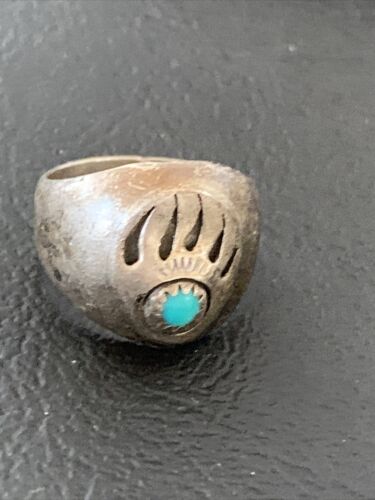 Native American Old Pawn Navajo Bear Paw Blue Turquoise Ring | Sterling Silver | Sz 6 | 2171