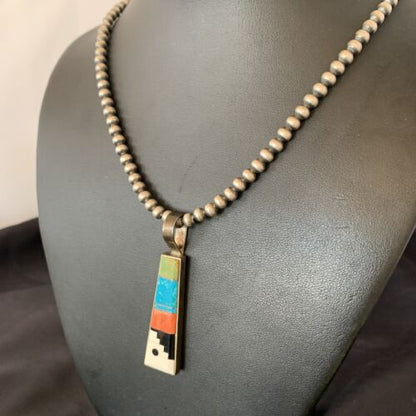 Navajo Old Pawn Mother of Pearl Turquoise Spiny Inlay Pendant Necklace | Sterling Silver | 10698