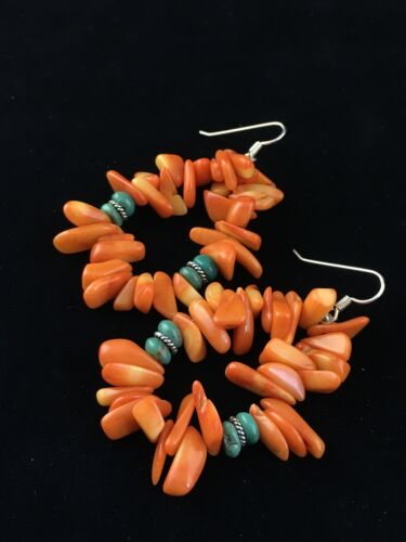 Navajo Orange Coral Turquoise Earrings Set | Sterling Silver | Authentic Native American Handmade | 1776