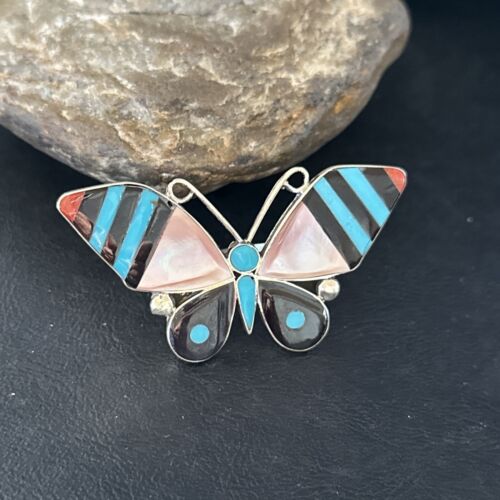 Zuni Butterfly Inlay Ring | Coral Turquoise Onyx Mother of Pearl | Sz 7 | Sterling Silver | 14437