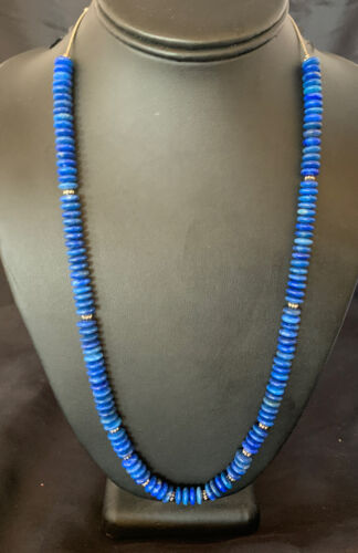 Men's Blue Lapis Bead Necklace | 8mm Liquid Silver Heishi | Sterling Silver | 24" | 12775