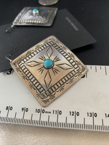 Navajo Blue Turquoise Earrings | Stamped Sterling Silver | Authentic Native American Handmade | 13324