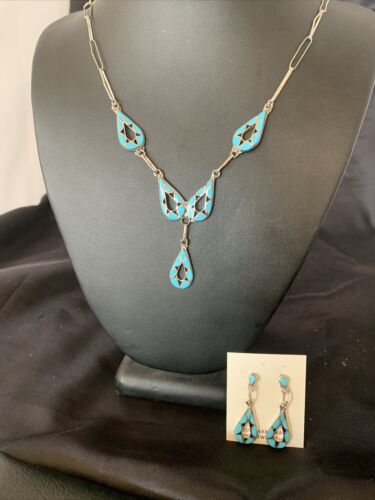 Southwestern Zuni Blue Turquoise Inlay Necklace | Sterling Silver | 19" | Native American Handmade | 11911