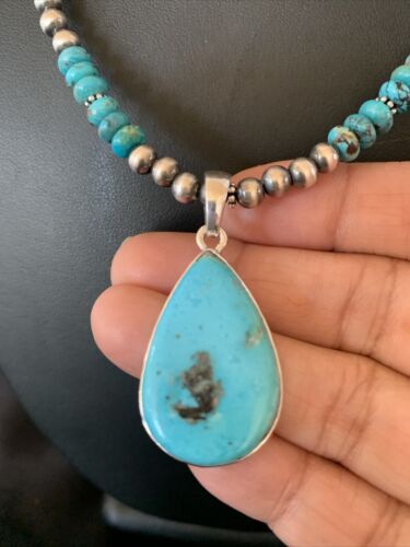 Navajo Pearl Necklace with Blue Kingman Turquoise Pendant | Sterling Silver | 11739